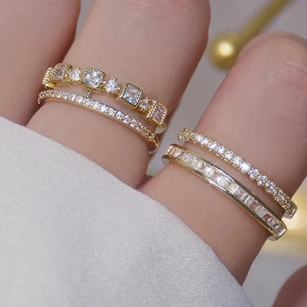 NEW Women's Double Layer Simulated Diamond Gold-Plated S925 Ring, Adjustable